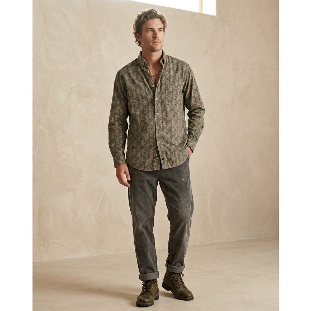 Vintage 90s Dockers Medium Olive Green Paisley Cotton Button Up Earthy Indie